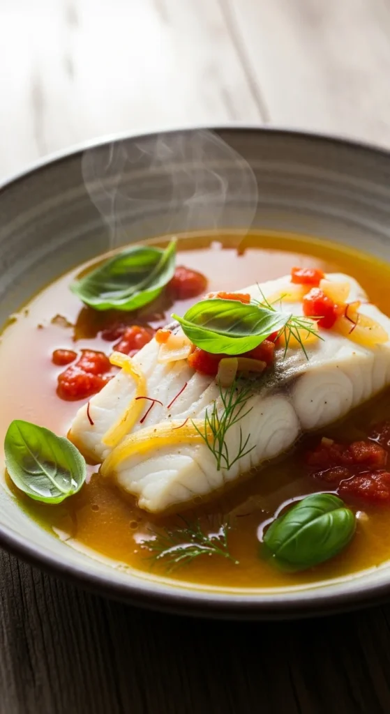 Poached Halibut in Tomato Broth