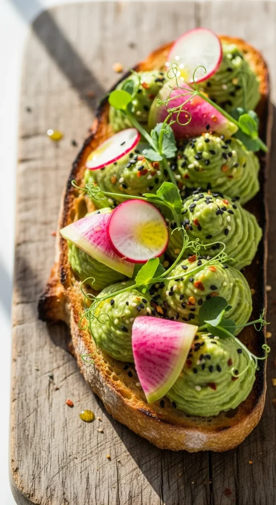 9. Avocado Toast with Radish and Pea Shoots